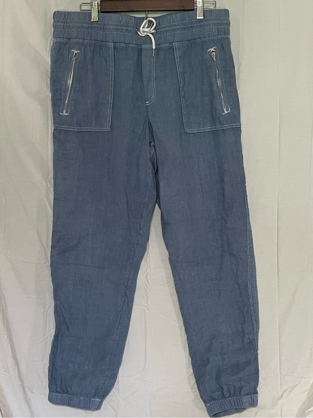 Athleta 100% Linen Blue Drawstring Jogger Pants with Zip Pockets